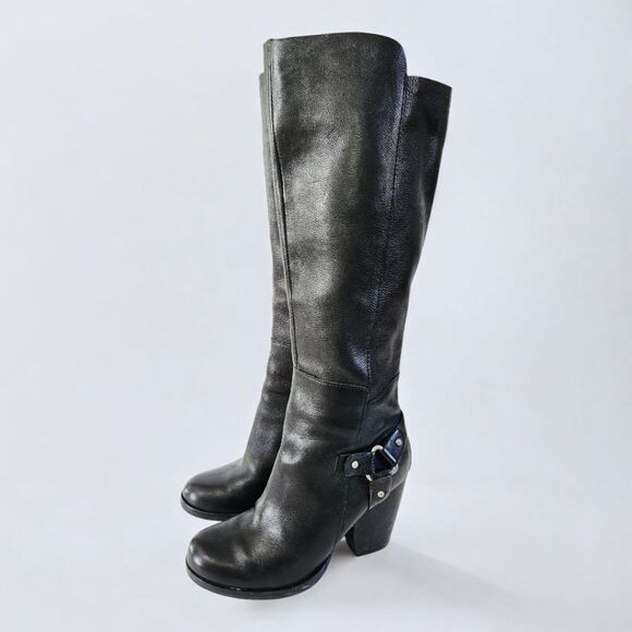 Kork Ease Olsen Harness Black Leather Knee-High Chunky Heel Round Toe Boots 7 - Picture 1 of 13